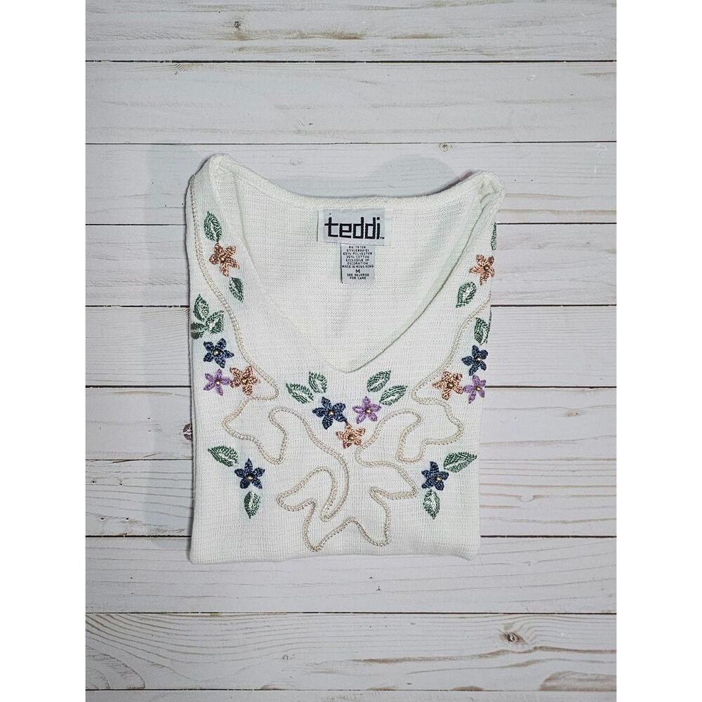Vintage Teddi Women’s M Ivory Floral Embroidered V-Neck Top 65/35